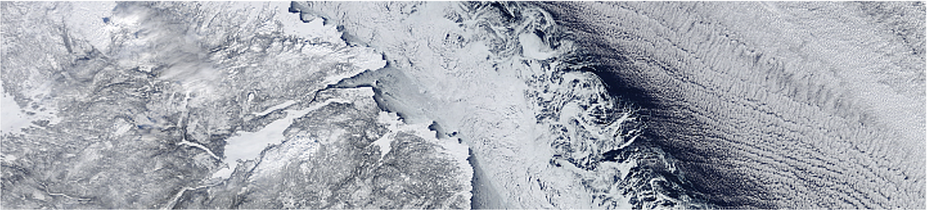 MODIS Terra iamge of land, ice, sea, and clouds over Labrador and Newfoundland coasts